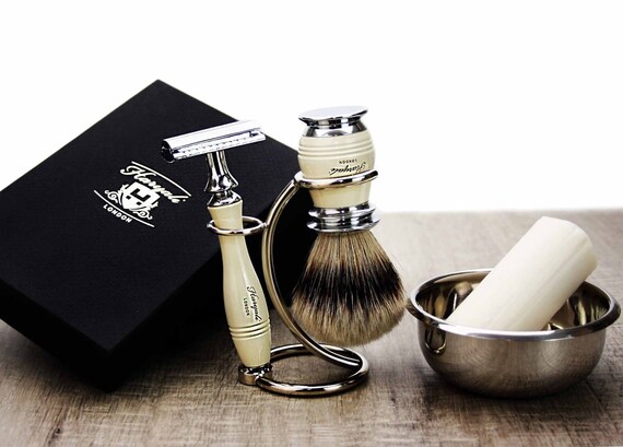 Five Pieces Shaving Set With Silver Tip Badger Hair Brush De Etsy
