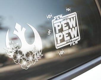 Paquete de calcomanías de Star Wars: Rebel Floral + Pegatinas de vinilo Pew Pew. Set de regalo de calcomanías para auto. Accesorios para fanáticos Jedi. Regalo nerd de Star Wars.