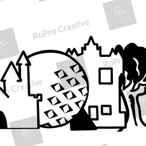 May include: Black and white line art illustration of a castle, a sphere with a grid pattern, a building with windows, and a tree. The illustration is reminiscent of a famous theme park.