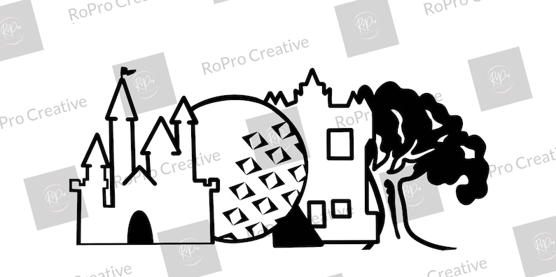 May include: Black and white line art illustration of a castle, a sphere with a grid pattern, a building with windows, and a tree. The illustration is reminiscent of a famous theme park.