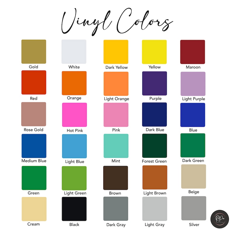 May include: A chart showing 20 different vinyl colors, including gold, white, dark yellow, yellow, maroon, red, orange, light orange, purple, light purple, rose gold, hot pink, pink, dark blue, blue, medium blue, light blue, mint, forest green, dark green, green, light green, brown, light brown, beige, cream, black, dark gray, light gray, and silver.