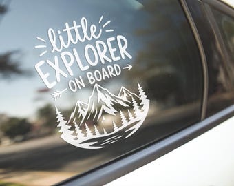 Little Explorer On Board Mountain Decal, Outdoor car decal, Hiker Sticker