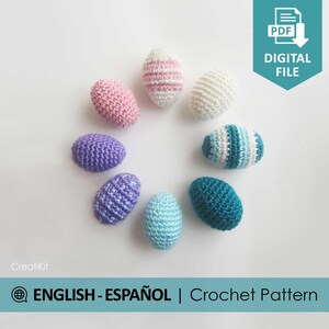 May include: Crochet pattern for making a set of colorful Easter eggs. The pattern includes instructions for making eggs in pink, purple, blue, and white.