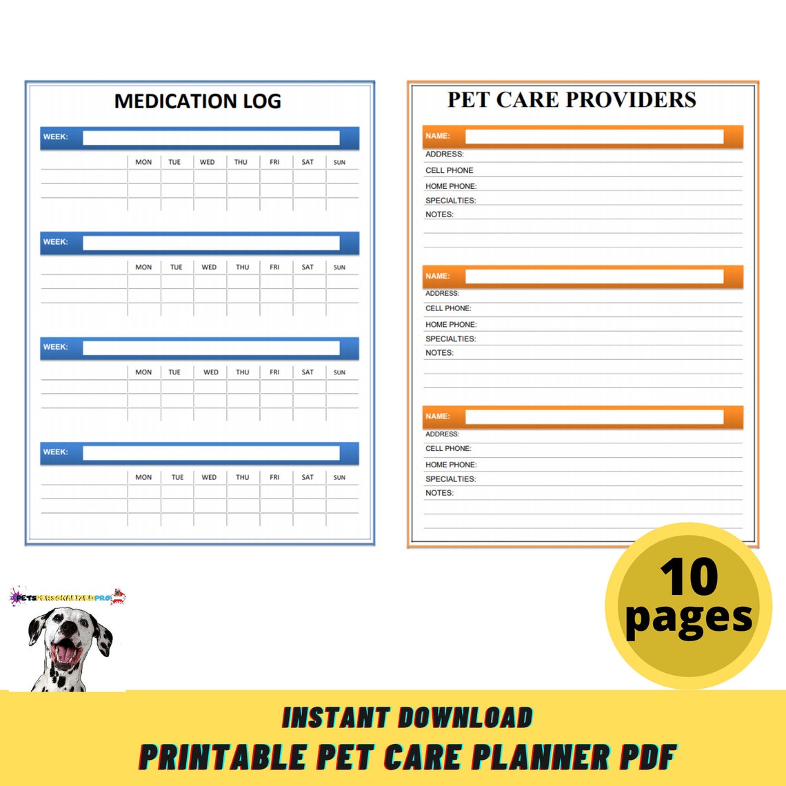 Printable Pet Planner PDF Kit 10 Page Download Pet Care | Etsy