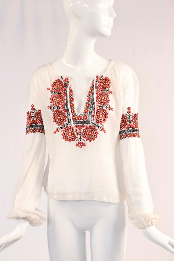 Vintage 1970s Long Sleeve White Embroidered Blouse