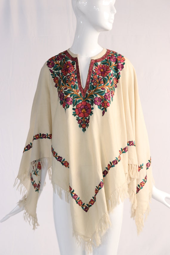 Vintage 1970s Colorful Floral Embroidered Wool Pon