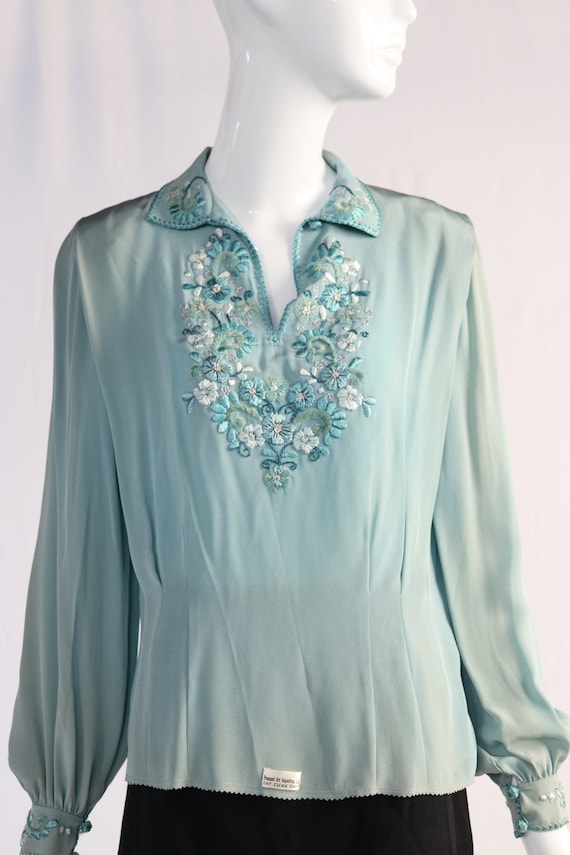 Vintage 1940s Teal Embellished Blouse