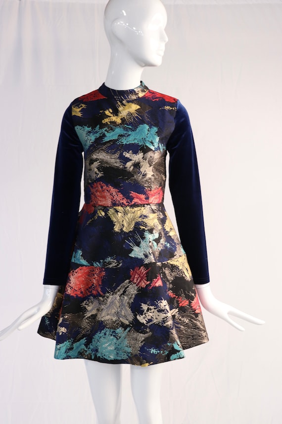 Vintage Abstract Dress with Blue Velvet Sleeves