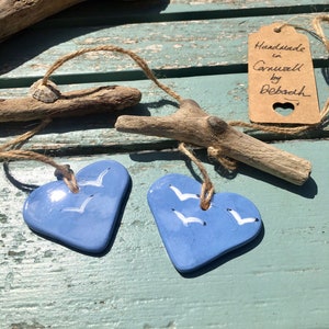 Sky Blue Ceramic Seagull design hanging Heart Mobile glazed both sides, driftwood,shells,unique gift,handmade, gift boxed,heart 5cm
