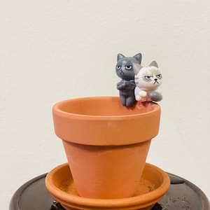 May include: Two small gray and white cat figurines perched on the rim of a terracotta flower pot with a matching saucer. The pot is sitting on a dark brown wooden surface.