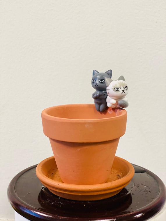 Double Action Cat Warrior Cat Decor Small Terracotta pot and saucer. 2.8” mini clay pots, 3” saucer ceramic Pottery Succulent pots planters