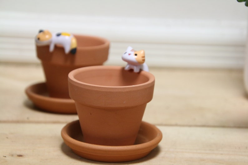 May include: Two terracotta pots with saucers, one with a white and orange cat figurine on the rim and the other with a white and orange cat figurine lying on the rim.