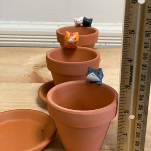 May include: Four terracotta pots with small cat figurines on top. The pots are arranged in a row, with the smallest pot at the front and the largest pot at the back. The pots are all the same color, and the figurines are all different colors.