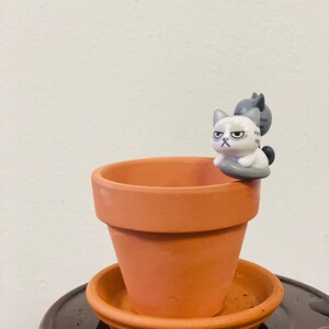 Puede incluir: Una peque&ntilde;a maceta de terracota con un platillo, con una figurita de gato gris y blanco sentada en el borde.