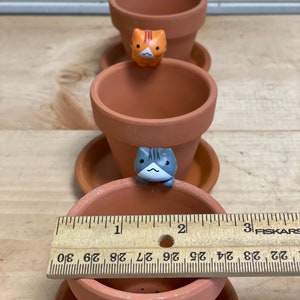 May include: Three terracotta pots with saucers, each decorated with a small cat figurine. The cats are orange, gray, and white and black. A ruler is placed in front of the pots, showing the size of the pots to be approximately 2 inches in diameter.