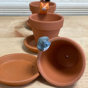 May include: Four terracotta pots with saucers, each with a small ceramic cat figurine peeking out of the top. The cats are orange, white, black, and gray.