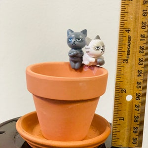 Puede incluir: Dos peque&ntilde;as figuritas de cer&aacute;mica de gatos, una gris y otra blanca, posadas en el borde de una maceta de terracota con un platillo a juego. La maceta mide aproximadamente 7,5 cm de alto.