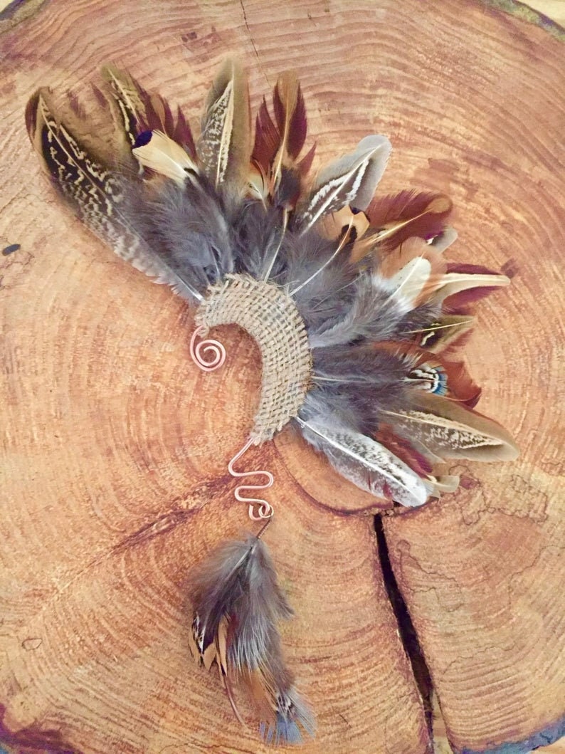 Pheasant Mohican Feather Ear Cuff / Ear Wrap. Copper & Hessian Etsy
