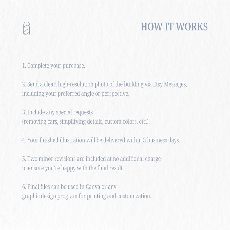 May include: A light gray graphic with the text "HOW IT WORKS" and numbered steps. The steps describe the process of purchasing a custom illustration, including sending a photo, making requests, and receiving the final product within 3 business days.