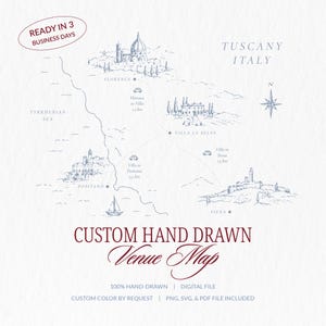 Peut inclure: Une carte de lieu personnalisée dessinée à la main de la Toscane, en Italie, illustrant Florence, Positano, Sienne et la Villa La Selva. La carte comprend des itinéraires avec des icônes de voiture, une rose des vents et des étiquettes.