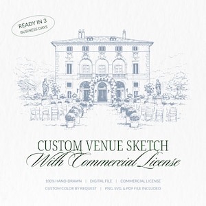 Op de afbeelding: Een gedetailleerde schets van een groot gebouw met een bloemenboog, beelden en potplanten, waarschijnlijk een locatie voor evenementen. De tekst luidt "Custom Venue Sketch With Commercial License". De afbeelding is in blauw- en grijstinten.