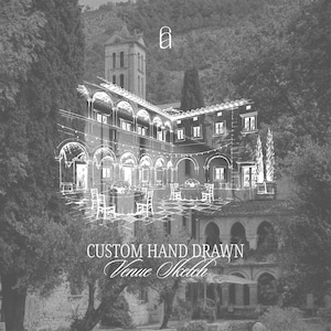 May include: A grayscale architectural sketch of a venue, featuring a courtyard with tables and chairs, and a building with arched windows. The text "CUSTOM HAND DRAWN Venue Sketch" is at the bottom. A stylized "a" is at the top.