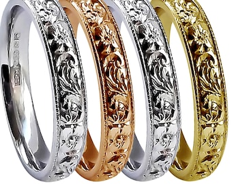 5mm Vintage Style Flower & Scroll Bespoke Hand Engraved Court Profile Wedding Band. Fully U.K. Hallmarked. 925 Silver, Gold and Platinum