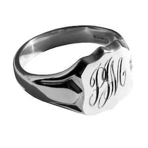 925 Solid Sterling Silver Initial Engraved Men&#39;s Shield Signet Ring. Bespoke, Hand Finished To Order. 14 x 12mm. Fully U.K. Hallmarked