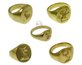 Solid Gold Oval Family Crest Signet Rings. Bespoke, Solid, Hand Finished To Order. 9ct Yellow Gold. Fully U.K. Hallmarked