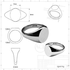 May include: A signet ring with a rounded oval top. The ring is 7mm wide and 9mm long. The ring is 1.8mm thick and has a 2.3mm wide band.