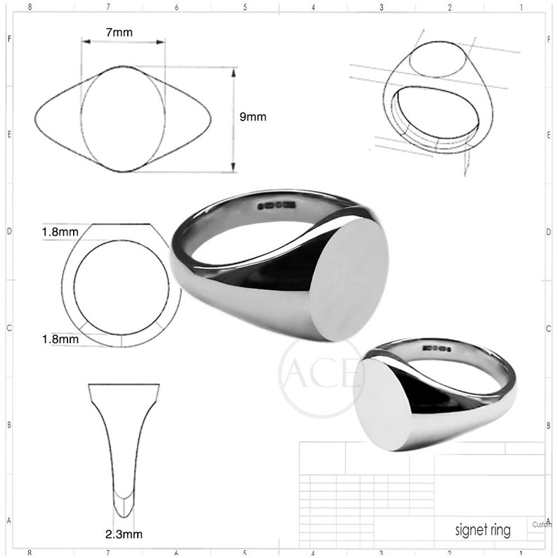 May include: A signet ring with a rounded oval top. The ring is 7mm wide and 9mm long. The ring is 1.8mm thick and has a 2.3mm wide band.