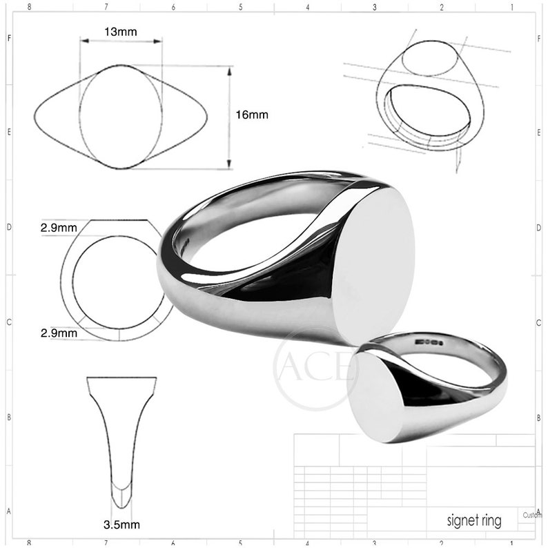 May include: A silver signet ring with a rounded oval top. The ring is shown in a close-up view and a technical drawing. The technical drawing shows the ring's dimensions, including a 16mm width and a 13mm height.