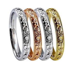 3mm Vintage Style Flower & Scroll Bespoke Hand Engraved Court Profile Wedding Band. Fully U.K. Hallmarked. 925 Silver, Gold or 950 Platinum