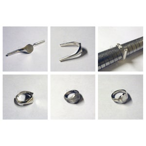 May include: Six stages of making a silver signet ring. The first image shows the ring blank, the second shows the ring bent into a circle, the third shows the ring on a sizing mandrel, the fourth and fifth show the ring with the signet face attached, and the sixth shows the finished ring.