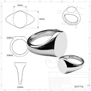 May include: A silver signet ring with a rounded oval top. The ring is shown in a detailed drawing with measurements in millimeters. The drawing shows the ring's dimensions, including the width of the band, the height of the top, and the diameter of the oval.
