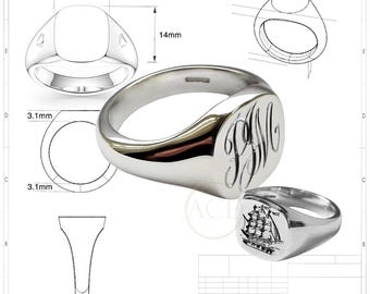 Hand Engraved Sterling Silver Cushion Signet Ring, U.K. Hallmarked