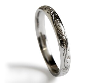 3mm Vintage Engraved Flowers Bespoke Hand Engraved Court Profile Wedding Band. Fully U.K. Hallmarked. 925 Silver, Gold or 950 Platinum