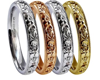 4mm Vintage Style Flower & Scroll Bespoke Hand Engraved Court Profile Wedding Band. Fully U.K. Hallmarked. 18ct Yellow Gold