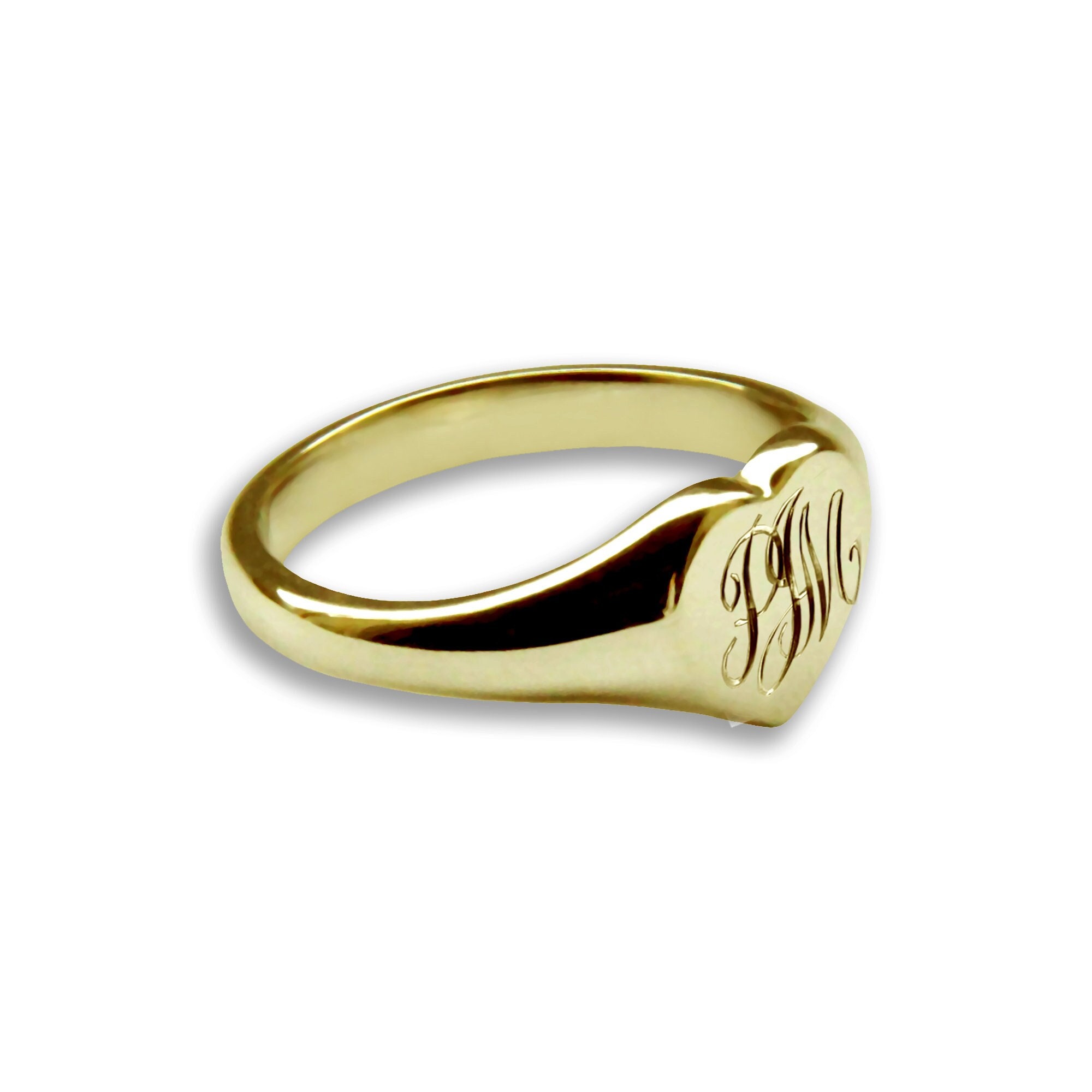 9ct Solid Yellow Gold Girl's Ladies Monogrammed Pinky Heart Shaped Signet Ring. Bespoke, Hand Finished To Order. Fully U.K. Hallmarked