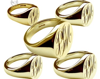 Anillos de sello ovalados de oro macizo de 9 ct. A medida, monograma grabado macizo, oro amarillo de 9 quilates. Completamente con sello del Reino Unido.