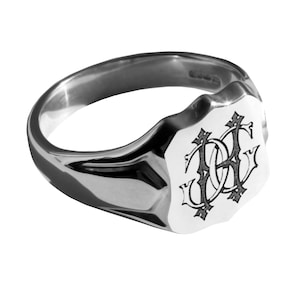 925 Solid Sterling Silver Monogramme Engraved Men&#39;s Shield Signet Ring. Bespoke, Hand Finished To Order. 14 x 12mm. Fully U.K. Hallmarked