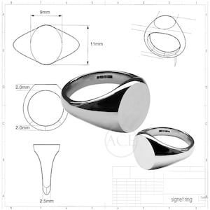 May include: A silver signet ring with a rounded oval top. The ring is 9mm wide and 11mm long. The ring is shown in a line drawing with measurements.