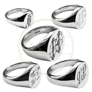 Monogrammed Hand Engraved 925 Solid Silver Oval Signet Rings. Bespoke, Hand Crafted To Order, Solid. British Made. Fully U.K. Hallmarked