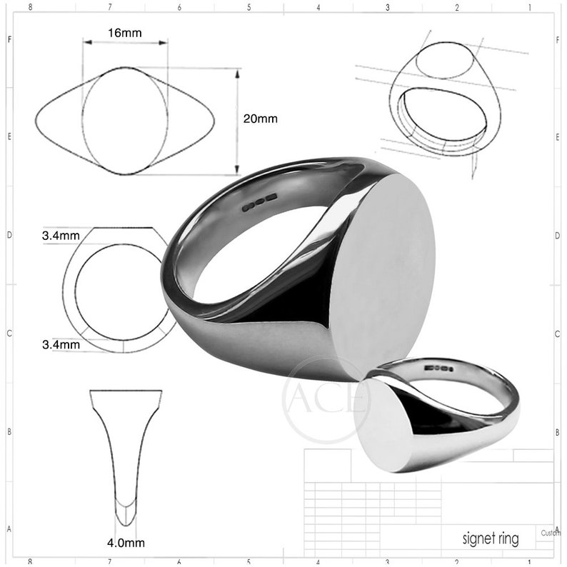 May include: A silver signet ring with a rounded oval top. The ring is 16mm wide and 20mm long. The ring is shown in a drawing with measurements.