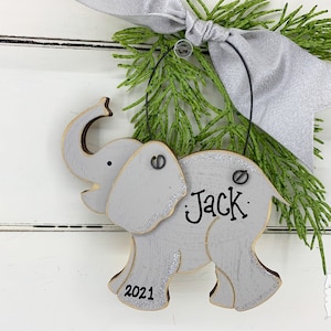 Elephant Ornament, Personalized Elephant Gifts, Grey Elephant, Baby&#39;s First Christmas, Safari Wildlife Jungle Animal