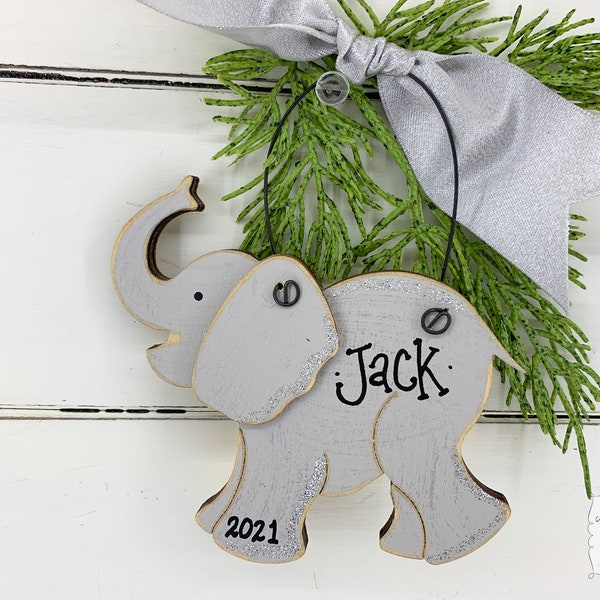 Elephant Ornament, Personalized Elephant Gifts, Grey Elephant, Baby's First Christmas, Safari Wildlife Jungle Animal