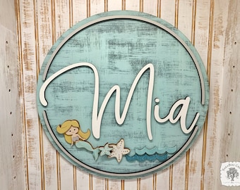 Custom Nautical Mermaid Name Sign for Girls Room - Personalized Nursery Wall Art Handmade Layered Wood