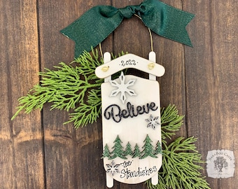 Sled Ornament - Personalized Christmas Ornament with Believe and Winter White Scene on White Sled, Traditional Handmade Wood Christmas Gift