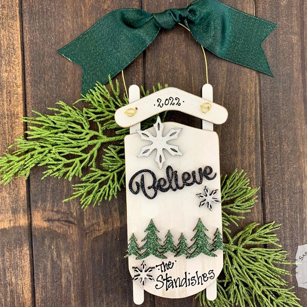 Sled Ornament - Personalized Christmas Ornament with Believe and Winter White Scene on White Sled, Traditional Handmade Wood Christmas Gift