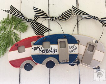 Camper Ornament Personalized - Handmade Wood Vintage Style Camper Ornament, Cute Happy Camper Gift, Trailer Christmas Ornament Camping Gifts